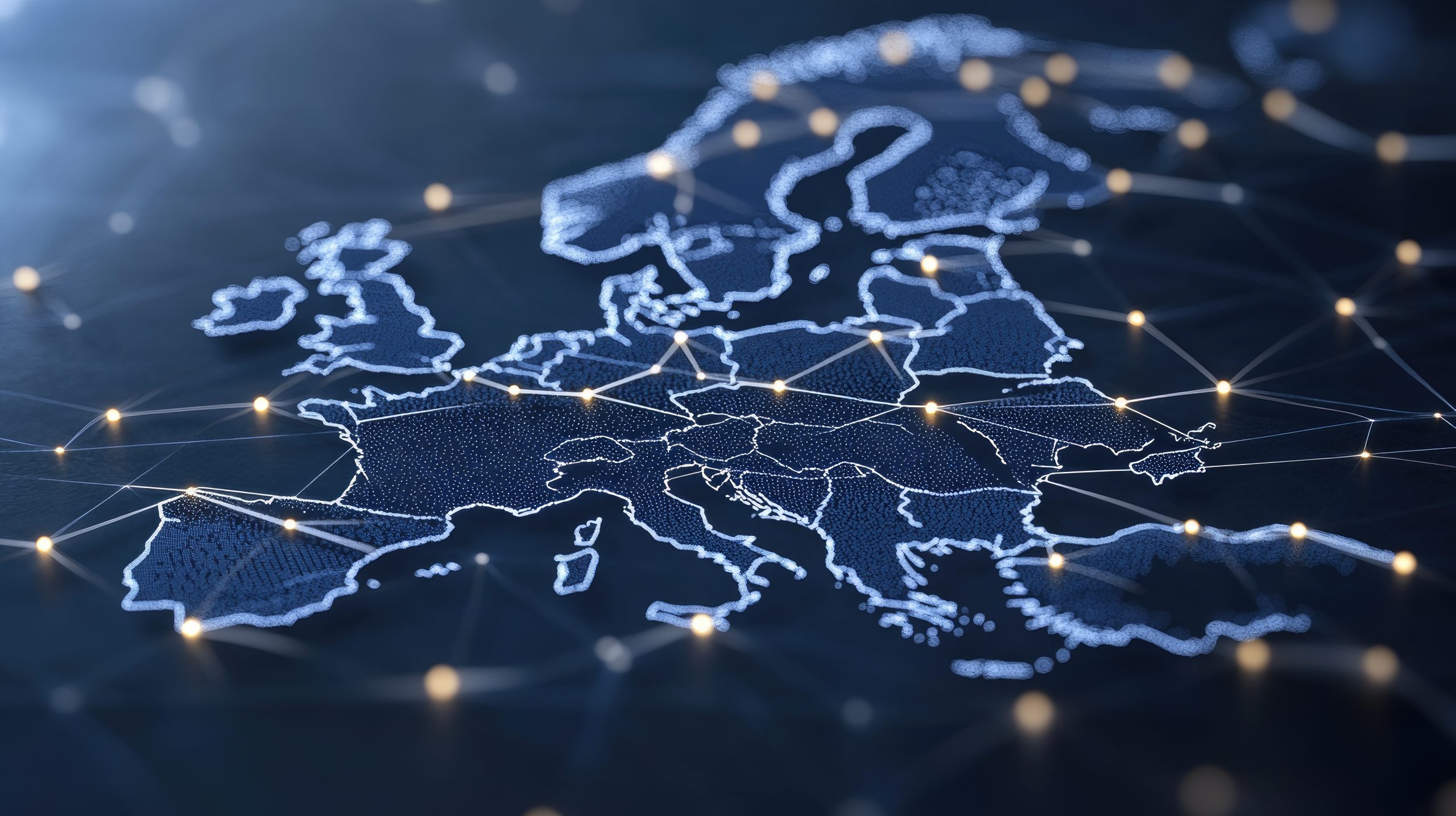 Glowing connections illuminate a digital map of Europe, representing global connectivity and technological transformation within the European Union.