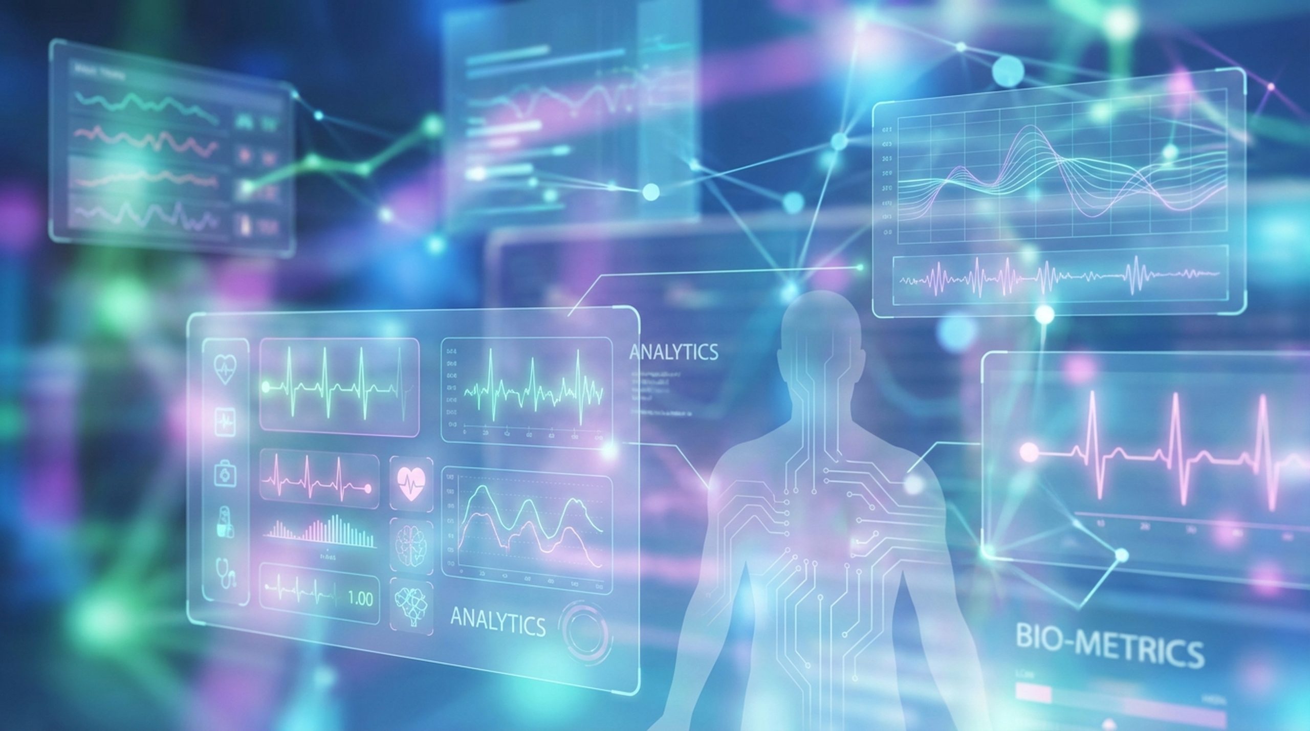 Digital health data visualization with biometric analytics and heart rate monitoring in futuristic medical technology interface glowing in blue and purple light